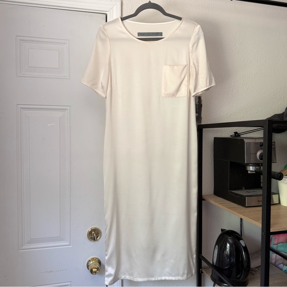 RAQUEL ALLEGRA cream ivory silk crew neck short sleeve midi dress
